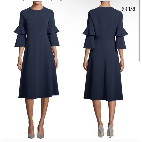 Tibi size 4 navy blue midi dress bell sleeves - Picture 1 of 7